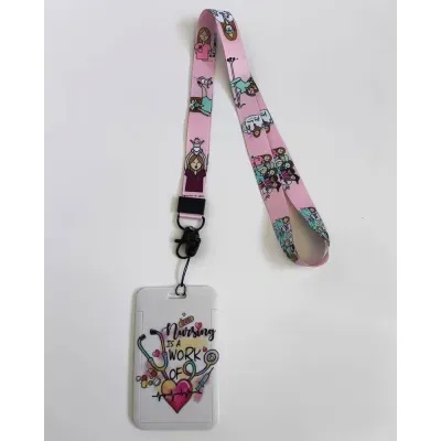 Porta-cartão branco com estampa de enfermagem e fita cor-de-rosa com ilustrações