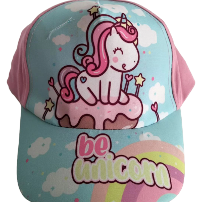 Boné infantil azul com rosa, unicórnio e texto 'be unicorn'.