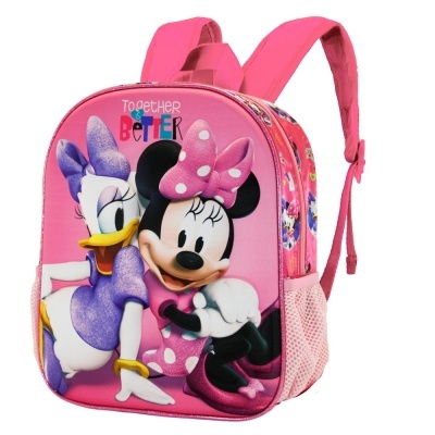 Mochila infantil rosa com personagens Minnie e Margarida