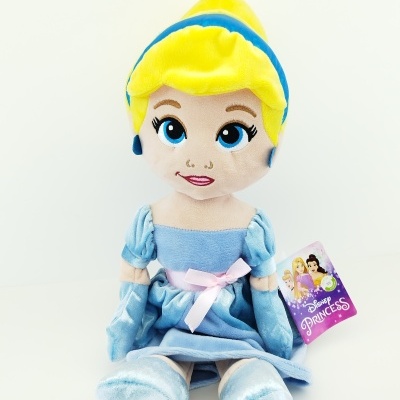 Boneca de pelúcia Disney Princess com vestido azul claro e cabelo amarelo