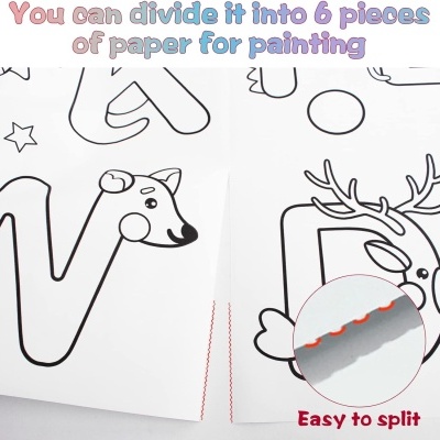 Folhas de papel para pintar divididas em 6 partes com desenho de animais e linhas perfuradas