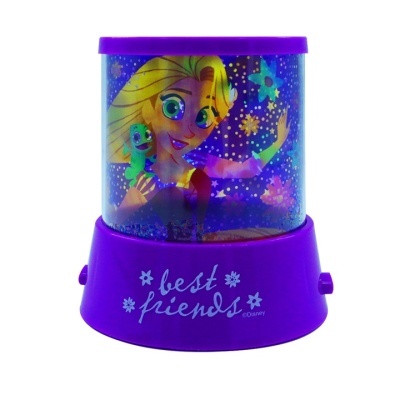 Luminária roxa com imagem da Rapunzel e Pascal com estrelas atrás