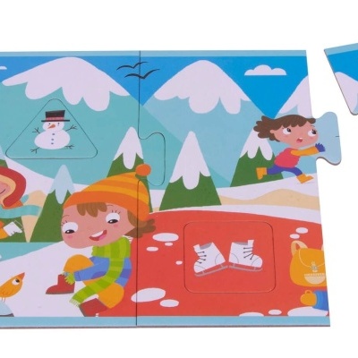 Puzzle infantil com crianças na neve e montanhas.
