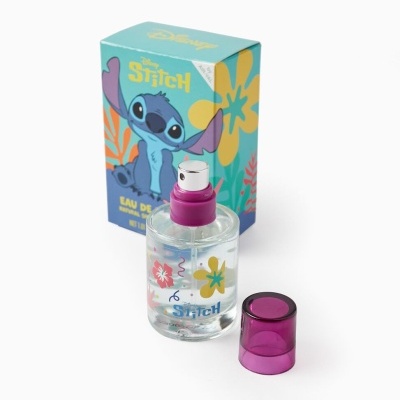 Perfume Eau de Toilette Disney Stitch com frasco transparente e tampa roxa