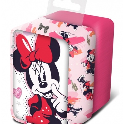 Estojo escolar com estampa da personagem Minnie Mouse em cores rosa e vermelho
