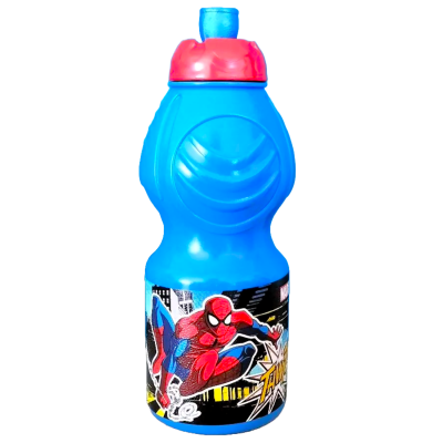 Garrafa de água infantil azul com tampa rosa e estampa do Homem-Aranha.