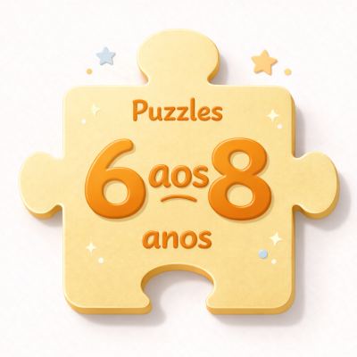 Peça de puzzle amarela com texto sobre idade 6 aos 8 anos e estrelas decorativas