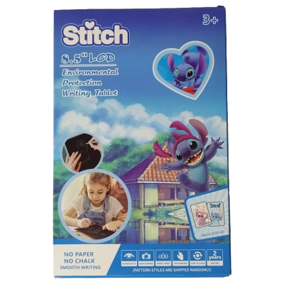 Embalagem azul de tablet de escrita Stitch com imagens e texto descritivo.
