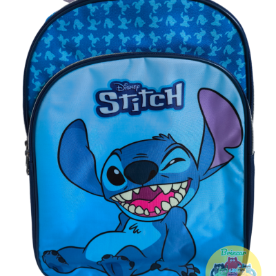 Mochila azul com personagem Stitch da Disney e padrão de hélices pequenas