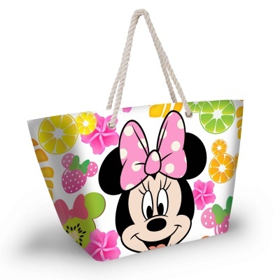Saco de praia branco com alças de corda e imagem colorida da Minnie Mouse com frutas e flores