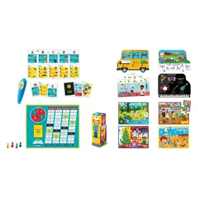 Conjunto educativo infantil com caneta eletrónica azul, tabuleiros coloridos e peças de jogo