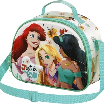 lancheira infantil com princesas Disney e asa azul turquesa