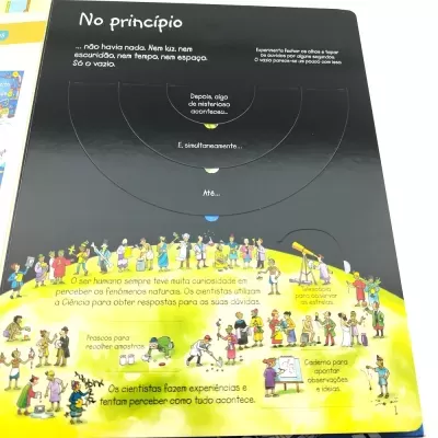Página de livro infantil com texto em português e ilustrações coloridas sobre ciência e curiosidade humana