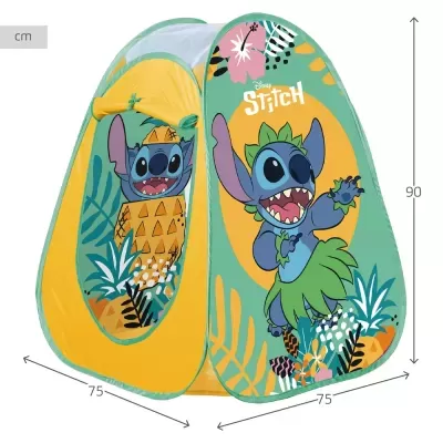 Tenda infantil com ilustrações do Stitch da Disney em fundo colorido e padrão tropical
