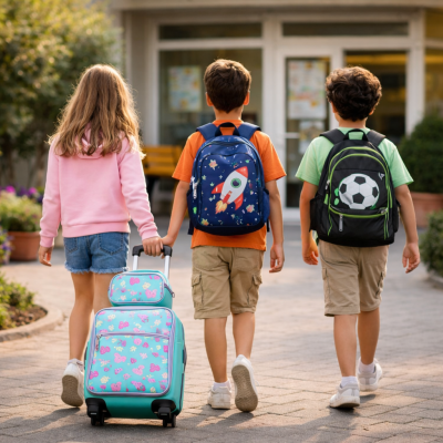 Três crianças com mochilas e uma mala de rodinhas coloridas num caminho exterior.