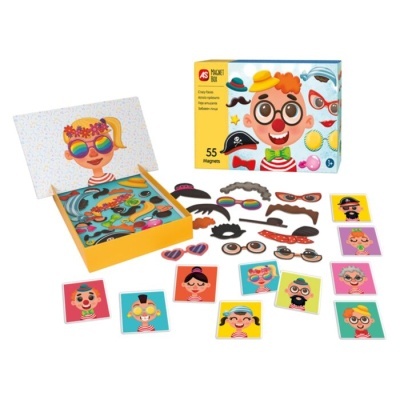 Jogo de 55 ímanes coloridos para criação de rostos engraçados numa caixa aberta.