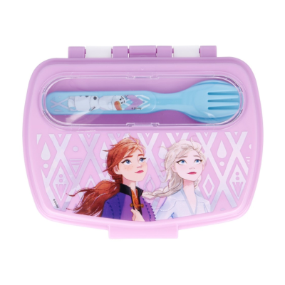 Lancheira rosa com colher azul decorada com personagens de Frozen