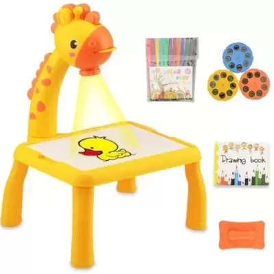 Mesa de desenho infantil amarela com luz e acessórios para desenho