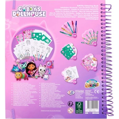 Livro de colorir Gabby's Dollhouse com espiral roxa e material para pintar
