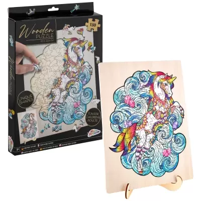 Puzzle de madeira com imagem colorida de unicórnio e embalagem preta