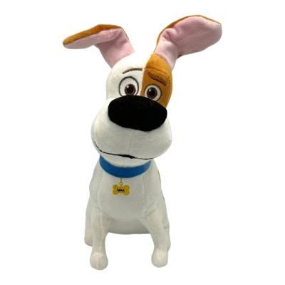 Pelúcia de cão branco com mancha castanha e coleira azul