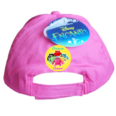 Boné rosa de tecido com etiqueta Disney Encanto e autocolante Brincar Amor