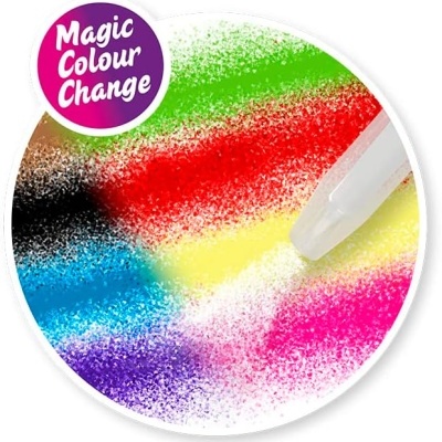 Pó colorido com aplicador branco e texto Magic Colour Change