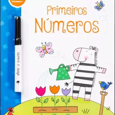 Capa de livro infantil com texto e ilustração de zebra e flores numeradas