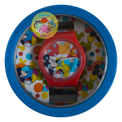 Relógio infantil com desenho de Mickey Mouse em fundo colorido e caixa azul