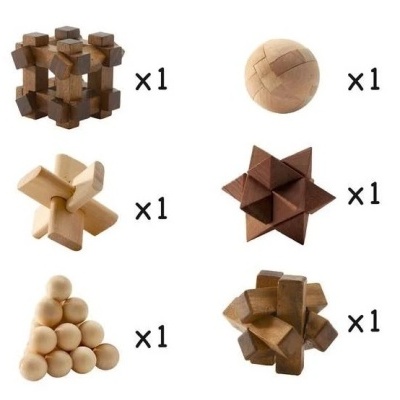 Seis quebra-cabeças de madeira em diferentes formas geométricas e cores naturais, cada um com o texto 'x1'