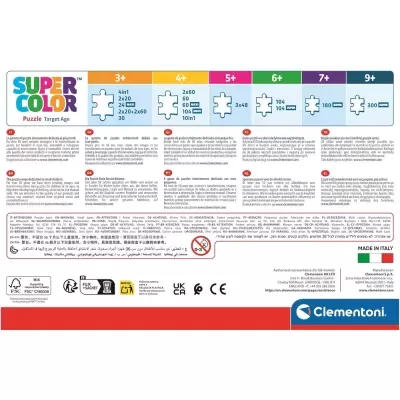 Embalagem de puzzle Clementoni Super Color com indicação de idades e número de peças.