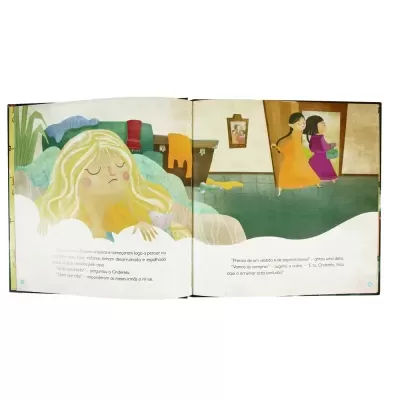 Página dupla ilustrada de livro infantil com rapariga loira na cama e duas raparigas a caminhar, texto em português.