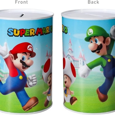 Mealheiros cilíndricos de metal com ilustração do Super Mario e Luigi