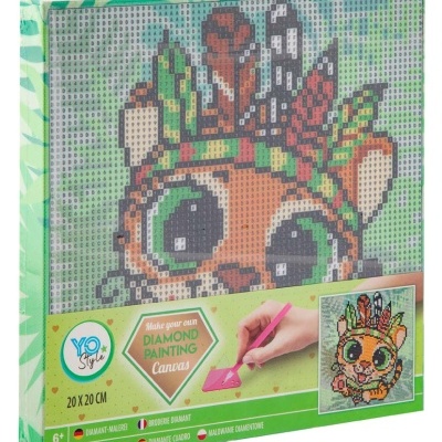 Tela para pintura com diamantes com imagem de mascote com olhos grandes e penas coloridas