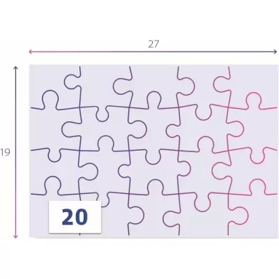 Puzzle com 20 peças em tons de roxo e rosa, dimensões 27x19