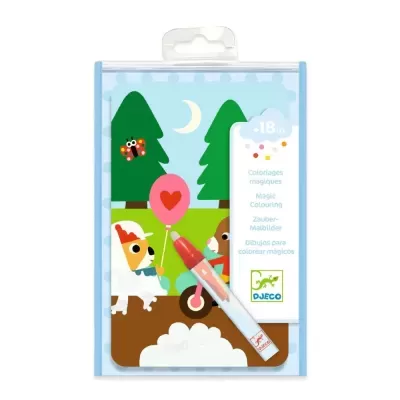 Marcador cor-de-rosa e caixa de embalamento com ilustração colorida de animais e árvores