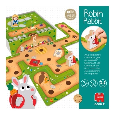 Jogo cooperativo Robin Rabbit com peças de coelho, tabuleiro colorido e dados em embalagem com texto multilingue