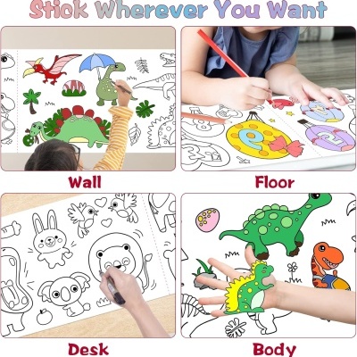Crianças a usar autocolantes educativos com dinossauros e outros desenhos para colorir na parede, chão, secretária e braço