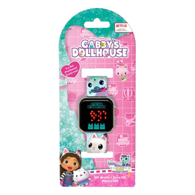 Relógio LED infantil Gabby's Dollhouse em embalagem colorida rosa e azul