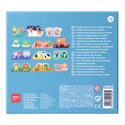 Caixa azul com puzzles infantis de yoga e imagens de animais