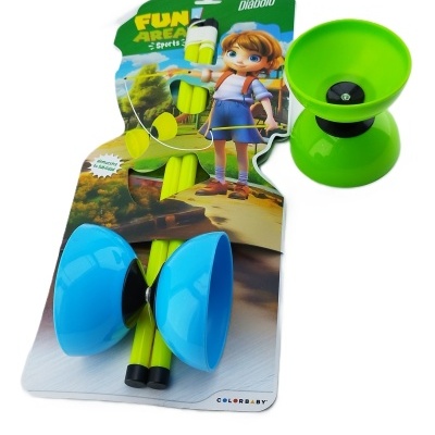 Jogo diabolo azul e verde com paus amarelos em embalagem ilustrada