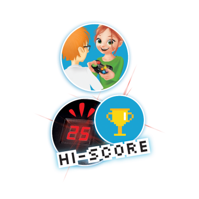 Ilustração com crianças a jogar videojogos e placar com HI-SCORE e número 25