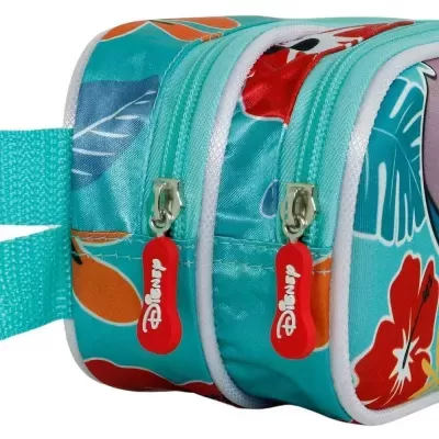 Mochila pequena colorida com padrão floral e puxadores de zíper com texto Disney