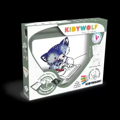 Embalagem do jogo educativo KIDYWOLF com tabela portátil de luz e marcadores coloridos