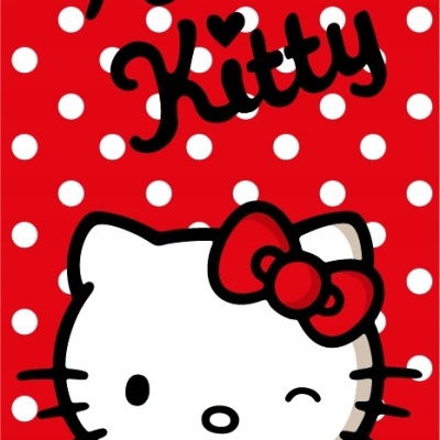 Padrão vermelho com bolinhas brancas, rosto da Hello Kitty e texto Hello Kitty