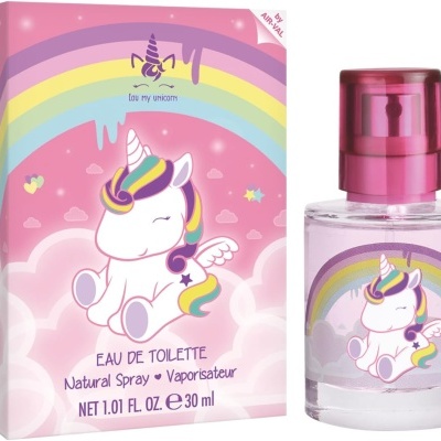 Perfume infantil com desenho de unicórnio e caixa colorida rosa e arco-íris