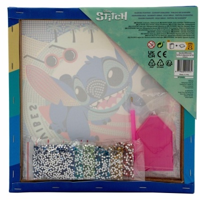 Conjunto para pintura com diamantes Disney Stitch com diamantes coloridos e ferramenta rosa numa caixa azul