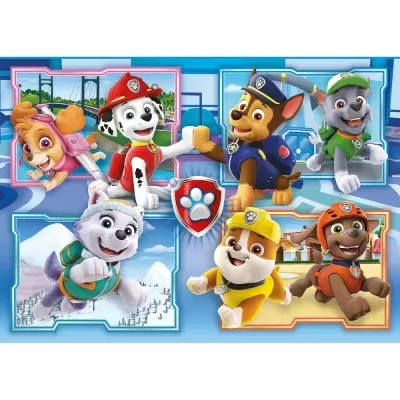 Personagens animados de cães em uniformes coloridos com emblemas de pata em fundo variado.