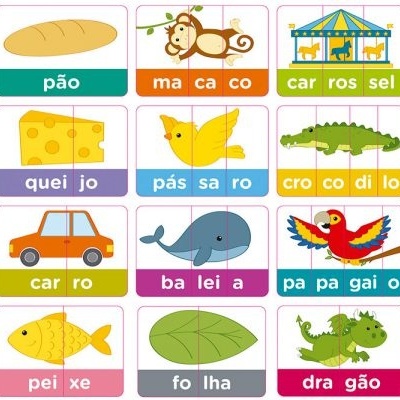 Cartela colorida com desenhos infantis e palavras em português divididas em sílabas