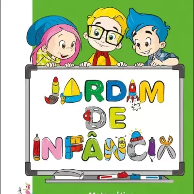 Capa colorida de livro infantil de matemática com três crianças e texto Jardim de Infância